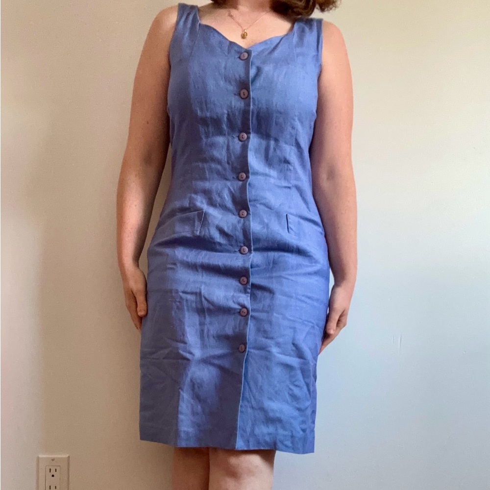 Vintage 90s lined button down mini dress in cornflower blue with pockets!